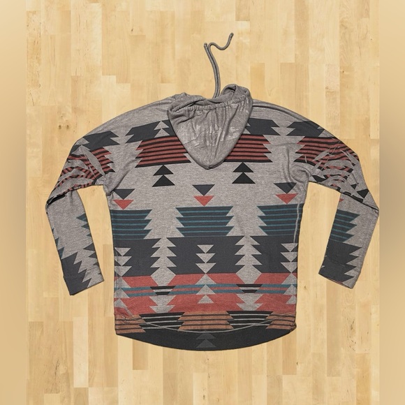 Enti Womens Southwest Tunic Hoodie Medium Gray Knit Drawstring Pullover Pockets - Picture 3 of 7